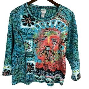 Chico's‎ Tribal Face All Over Print Cotton 3/4 Sleeve Tee Sz L Abstract Colorful